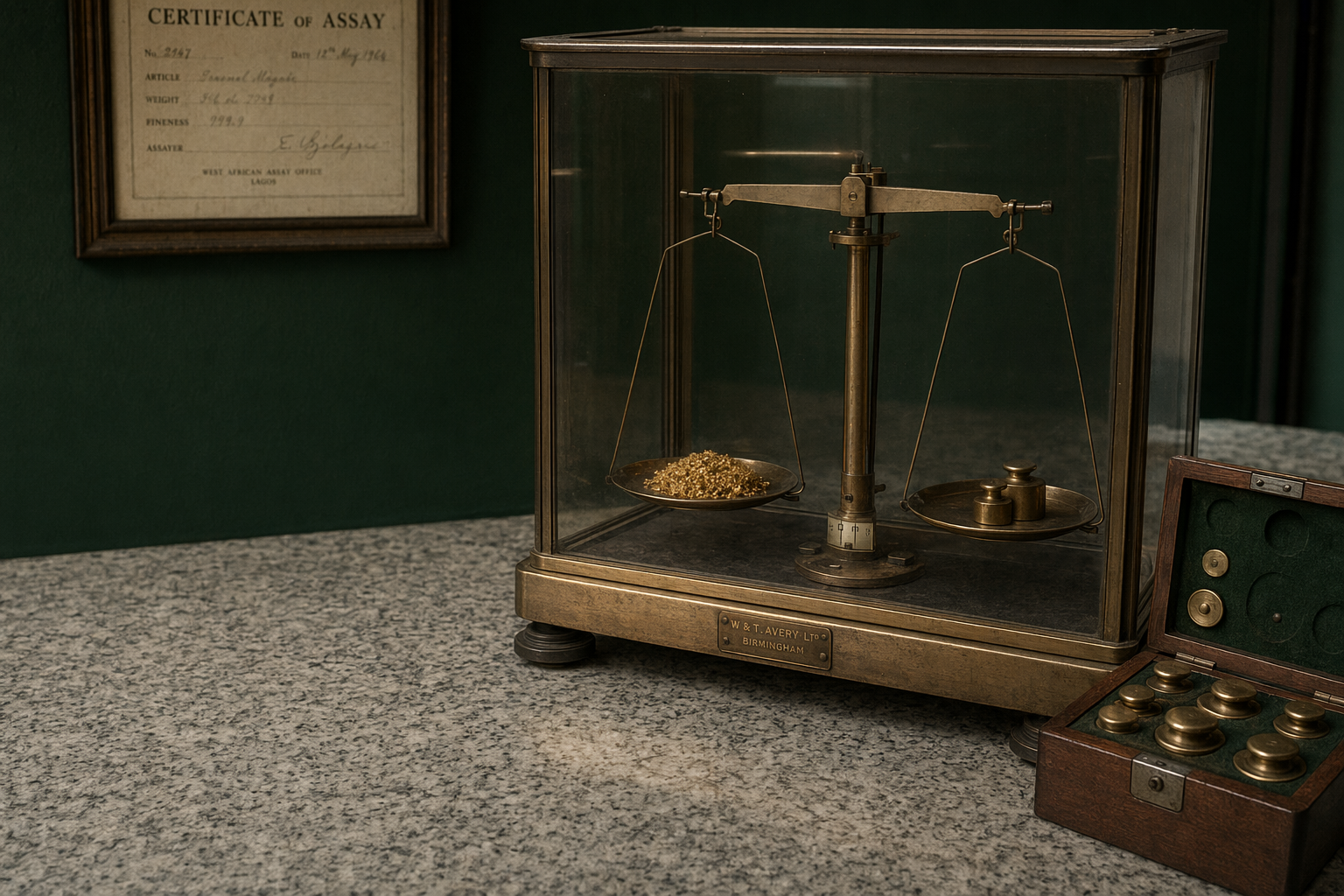 Archival photograph of an assay balance on a granite countertop.
