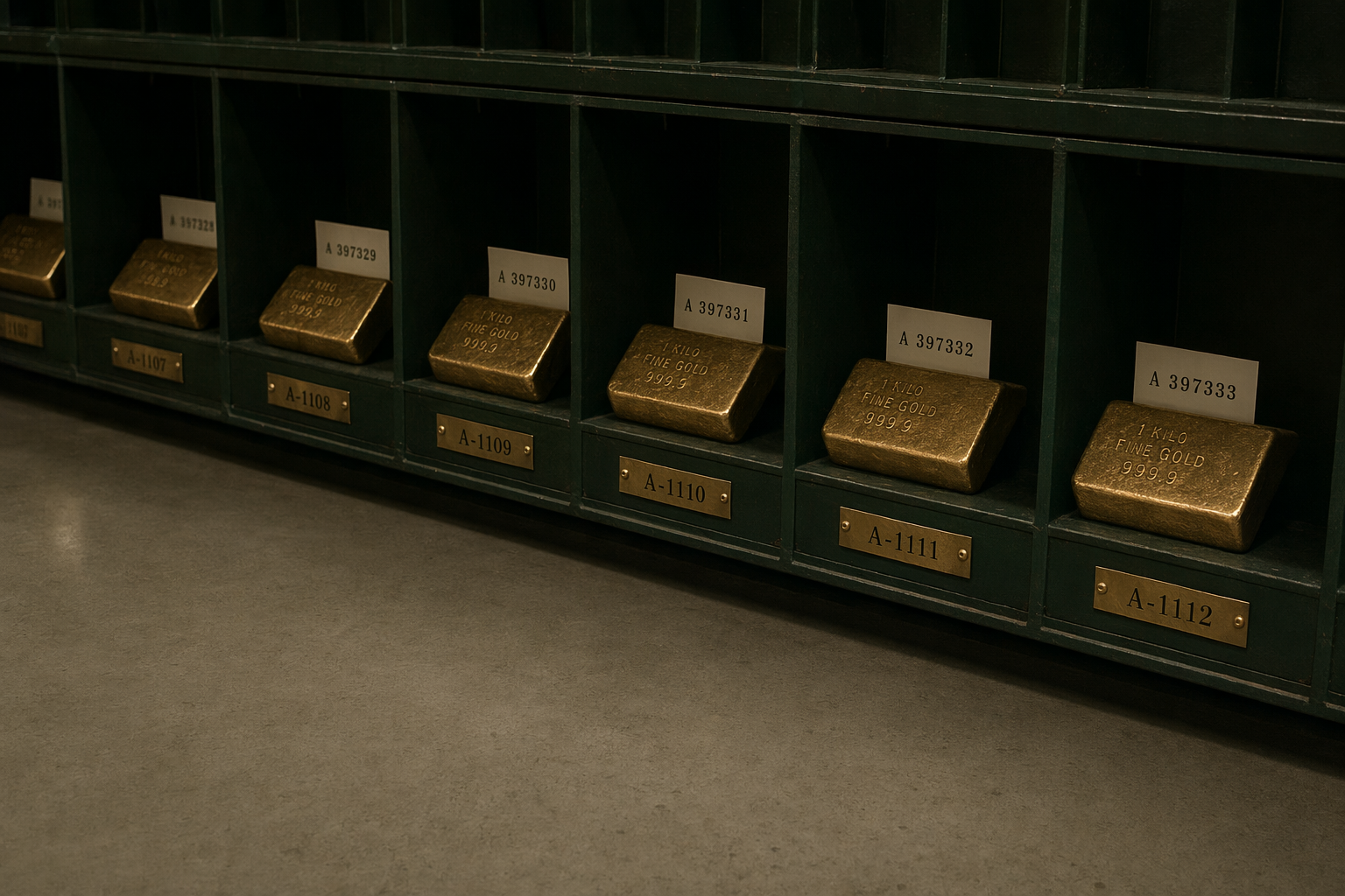Archival photograph of an allocated-storage row in numbered shelving.