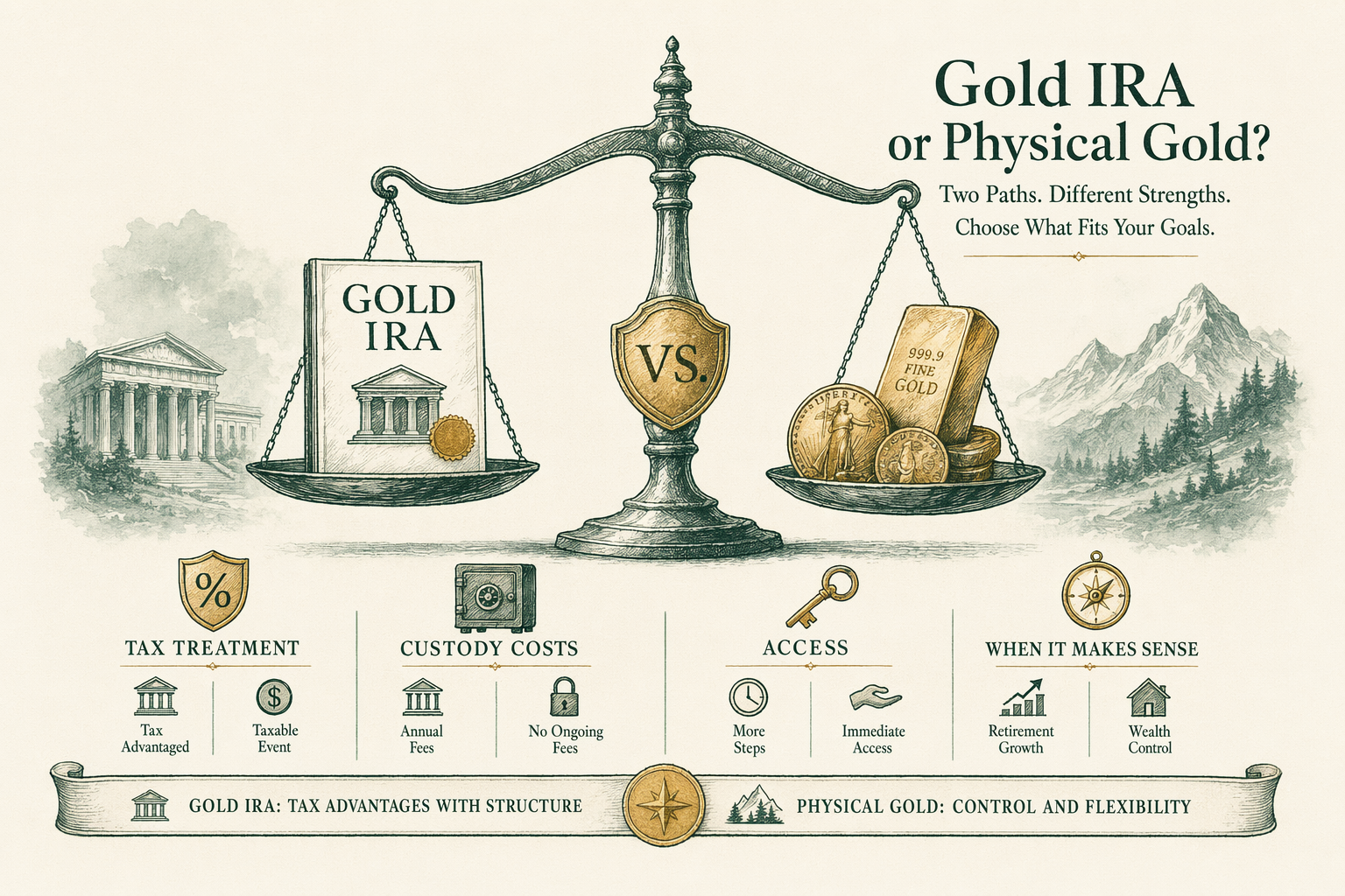 Illustration: Gold IRA vs physical gold — which makes sense?